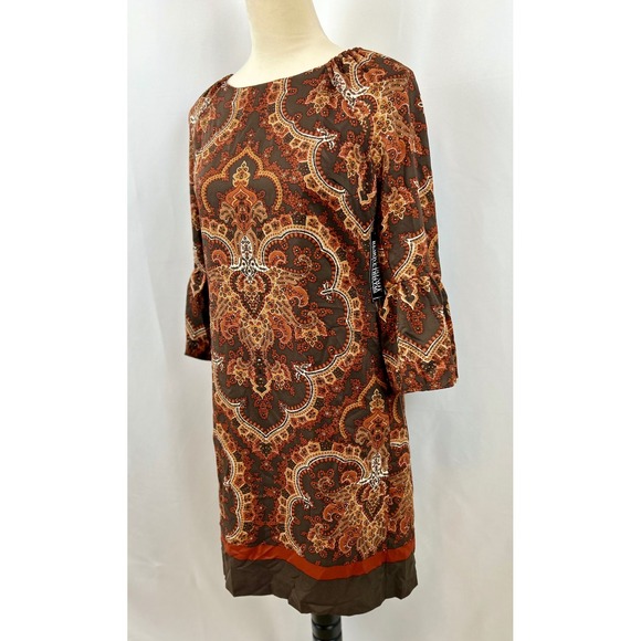 NY & Company Brown Paisley Print Bell Sleeve Dress - Size Small - Picture 3 of 7